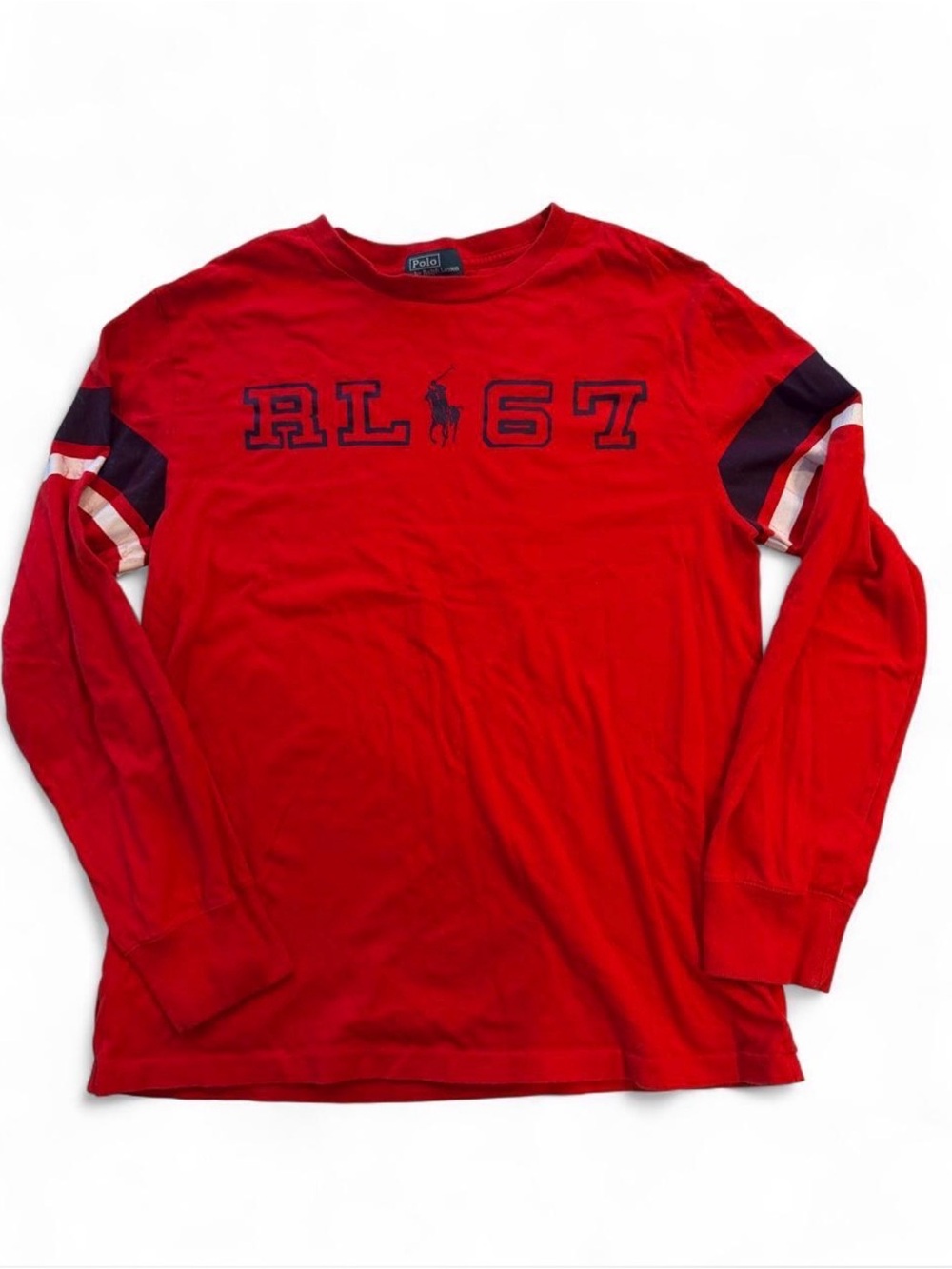 Ralph Lauren Red Long-Sleeve RL67 Crewneck with Navy & Cream Stripes